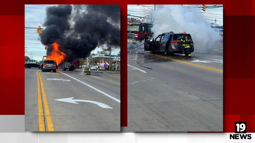 A two-panel image showing a van engulfed in flames and smoke on a Parma road, and firefighters extinguishing the blaze.