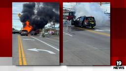 A two-panel image showing a van engulfed in flames and smoke on a Parma road, and firefighters extinguishing the blaze.