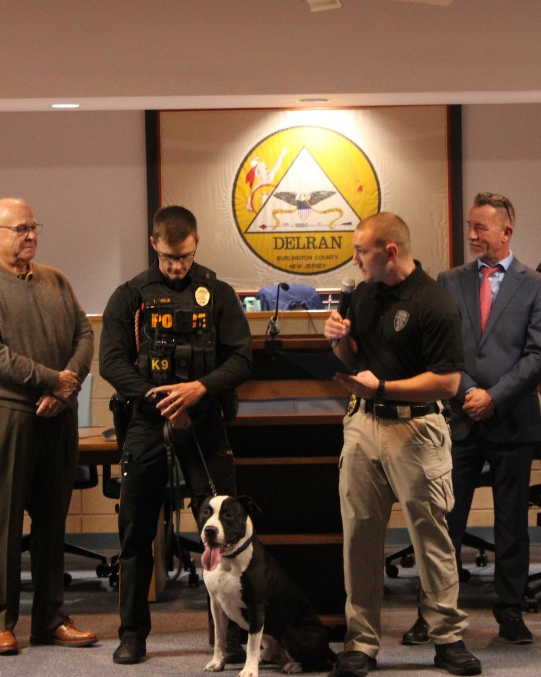 Patrolman Tyler Malia's new partner, K9 Ron, a pit bull police dog, ready for duty.