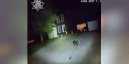 Police bodycam video at night shows a leashed dog in the roadway with a house behind it.