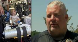 Left: 2-year-old Addy Walker on a stretcher. Right: Sgt. Michael Lazarine of the Lindale Police Department who saved her.