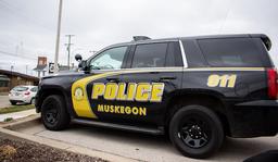 Muskegon police cruiser outside the main office on Jefferson Street