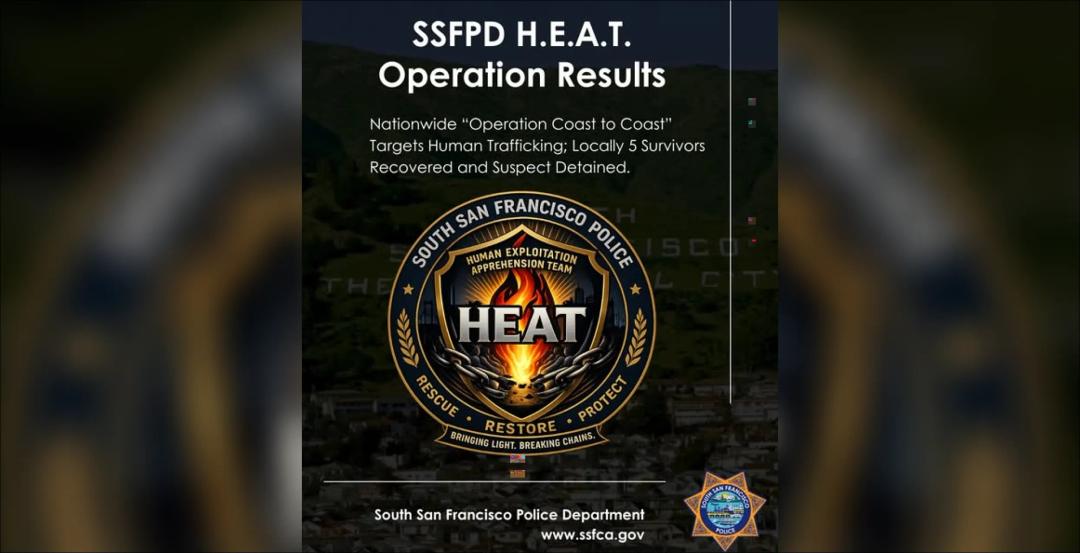 South San Francisco police department media release graphic featuring the local rescue team logo over a city view.