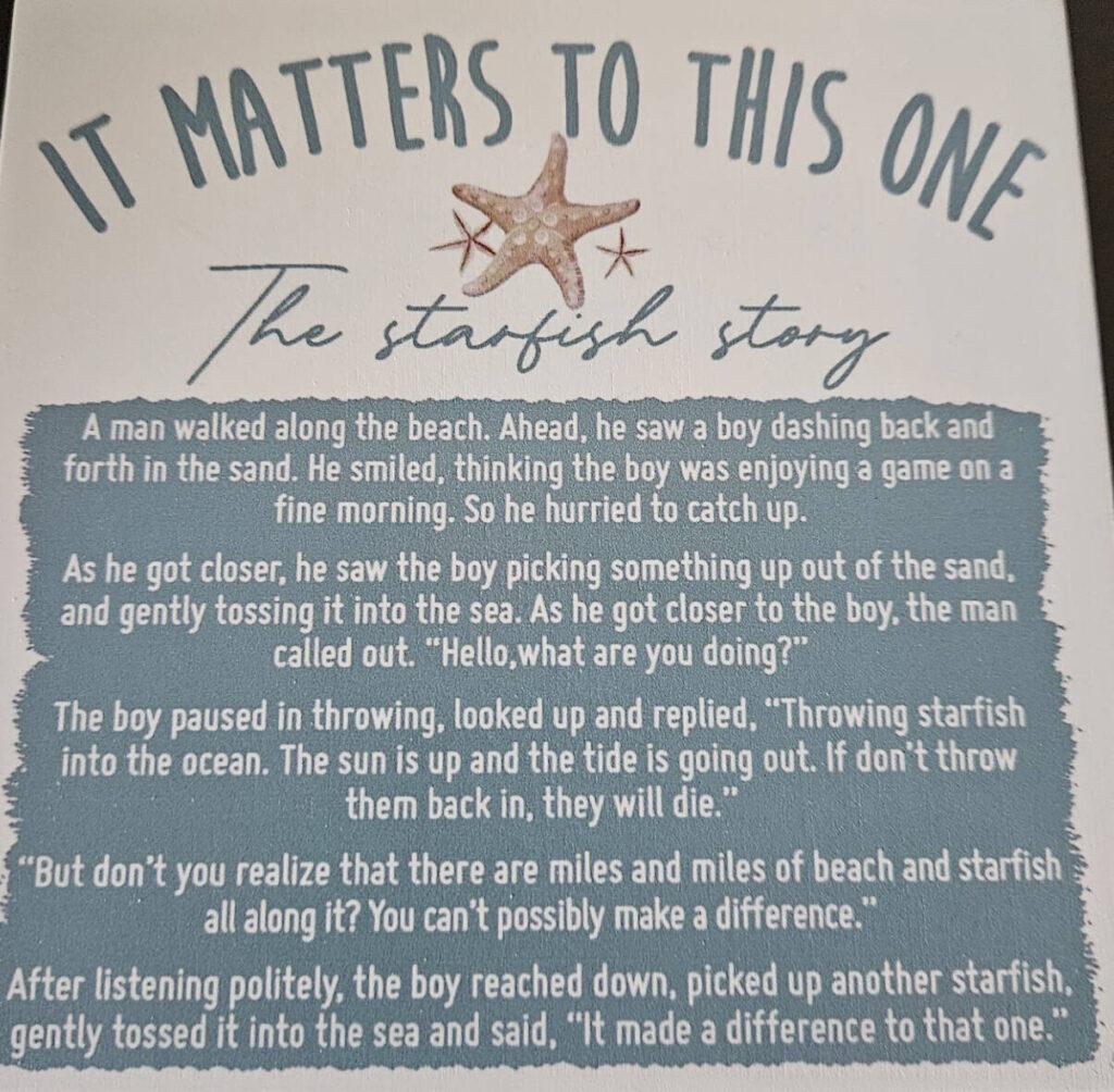 “The Starfish Story” card showing a parable about making a difference through small acts of compassion.