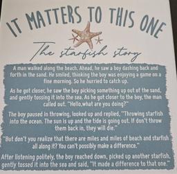 “The Starfish Story” card showing a parable about making a difference through small acts of compassion.
