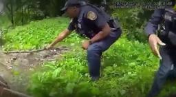 Police officer extending a long stick down a steep grassy embankment during a water rescue call in Memphis, Tennessee.