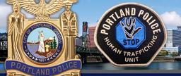 Portland Police Bureau badge and Human Trafficking Unit patch over a city background.