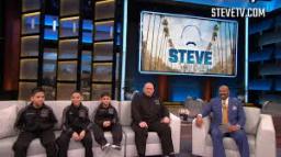 Springfield Police Department Officer Dean Faye appearing on the Steve Harvey show with three young student athletes.
