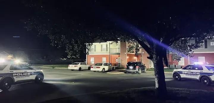 Police patrol vehicles with flashing lights parked outside an apartment building at night.  