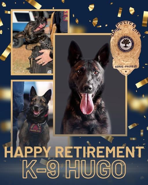 Retired police dog K-9 Hugo and his handler, Officer Green.